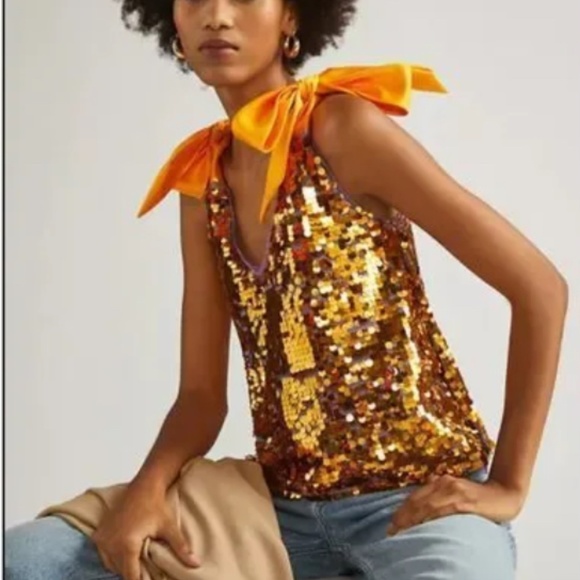 ANTHROPOLOGIE Maeve Gold Sequined Tie-Strap Tank LARGE, never worn - Picture 2 of 7